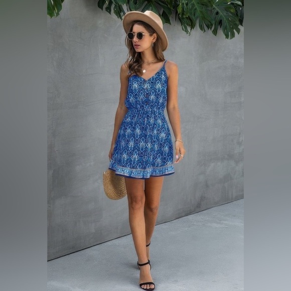 Blue Floral spaghetti strap button down ruffle mini dress - Picture 1 of 4